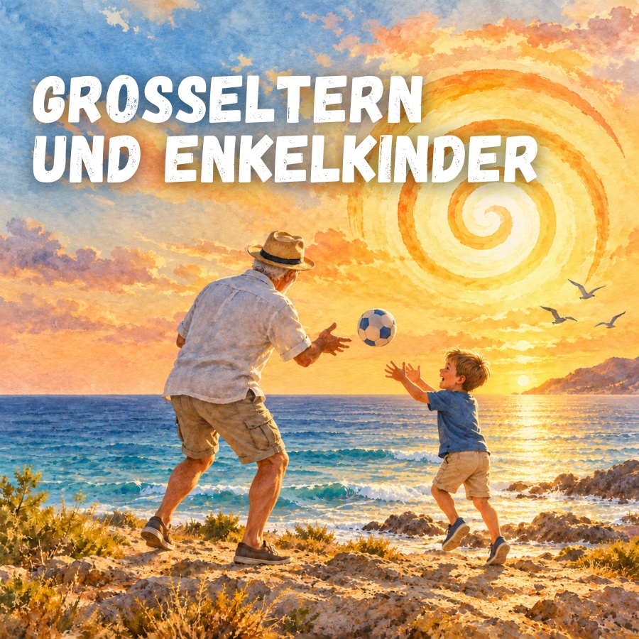 Ein Großvater und sein Enkel spielen am Strand Ball, während die Sonne untergeht; der Himmel ist orange, das Meer glitzert, und im Himmel ist eine spiralförmige Sonne zu sehen.