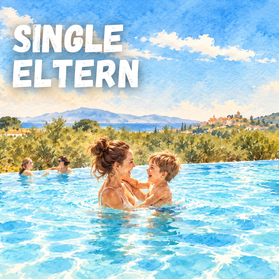 Eine Mutter hält ihren Sohn im türkisfarbenen Pool, beide lachen; im Hintergrund erstreckt sich eine Landschaft mit Bäumen, Hügeln und Dörfern, weitere Schwimmer sind im Wasser zu sehen; oben links prangt der Schriftzug 'SINGLE ELTERN' in großen weißen Lettern.