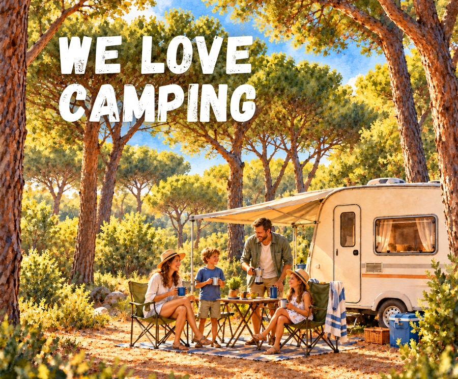 Una famiglia di quattro persone è seduta attorno a un tavolino pieghevole accanto a un camper in campeggio tra gli alberi, in una giornata di sole, con la scritta WE LOVE CAMPING in alto.