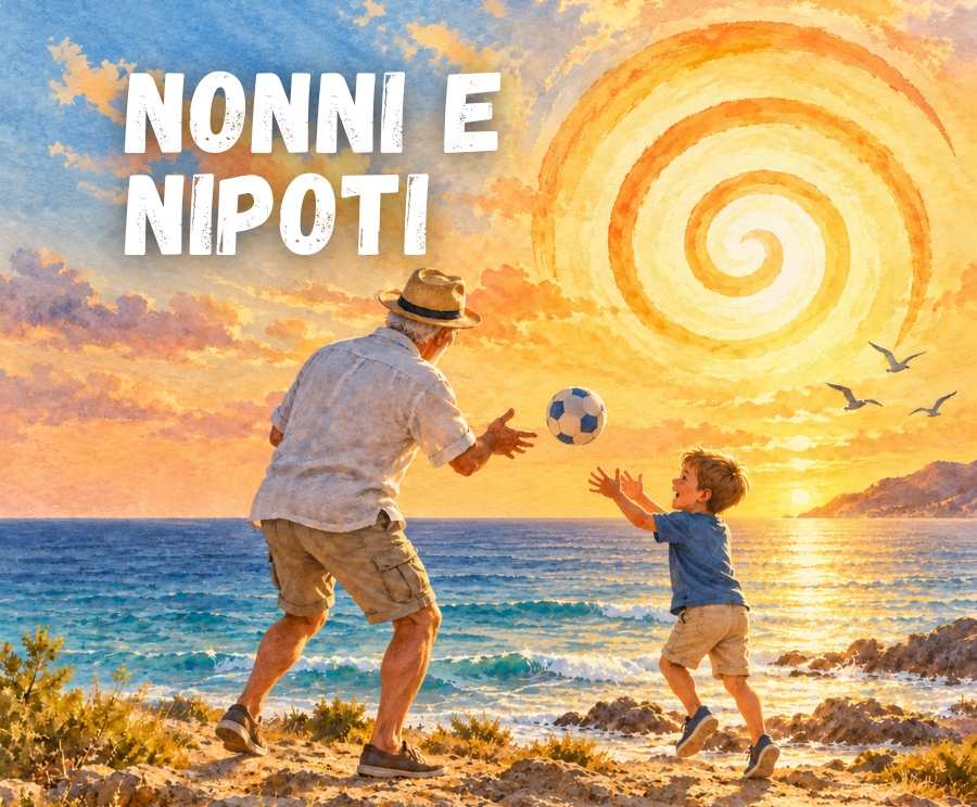 Un nonno e suo nipote giocano a pallone sulla spiaggia al tramonto, con il mare che brilla e nel cielo arancione una spirale, e in alto a sinistra si legge il titolo "NONNI E NIPOTI".