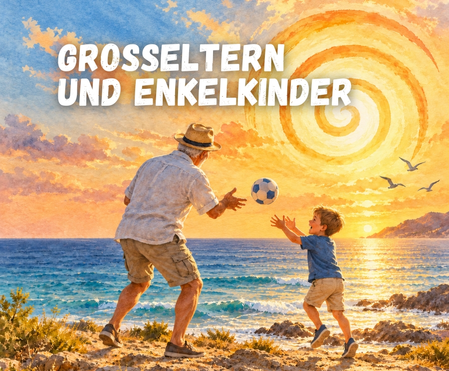 Ein Großvater und sein Enkel spielen am Strand Ball, während die Sonne am Horizont untergeht; der Himmel leuchtet orange und blau, das Meer glitzert, und im Hintergrund ist eine spiralförmige Sonne zu sehen.