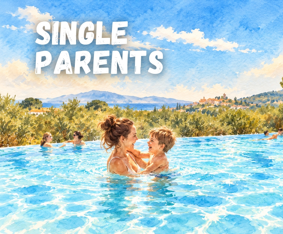 A mother and child play together in a bright outdoor pool under a blue sky, with a scenic landscape in the background and the words SINGLE PARENTS across the top.